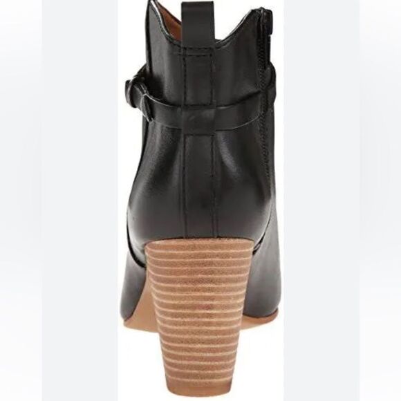 Lucky Brand 8.5 Black Tan Mabina Zip Side Buckle Leather Ankle Heel Boots - Picture 2 of 13